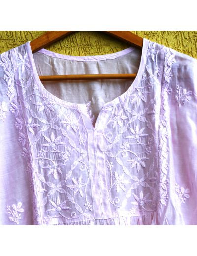 Chhangamal Hand Embroidered Womens Baby Pink Colour Chanderi Chikankari Kurta set