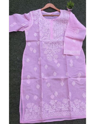 Chhangamal Hand Embroidered Womens Baby Pink Colour Cotton Chikankari Kurti