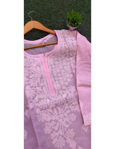 Chhangamal Hand Embroidered Womens Baby Pink Colour Cotton Chikankari Kurti