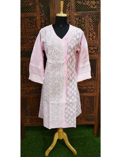 Chhangamal Hand Embroidered Womens Baby Pink Colour Cotton Chikankari Kurti Angrakha Style