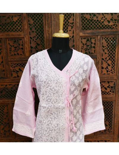 Chhangamal Hand Embroidered Womens Baby Pink Colour Cotton Chikankari Kurti Angrakha Style