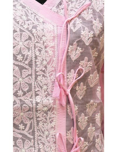 Chhangamal Hand Embroidered Womens Baby Pink Colour Cotton Chikankari Kurti Angrakha Style