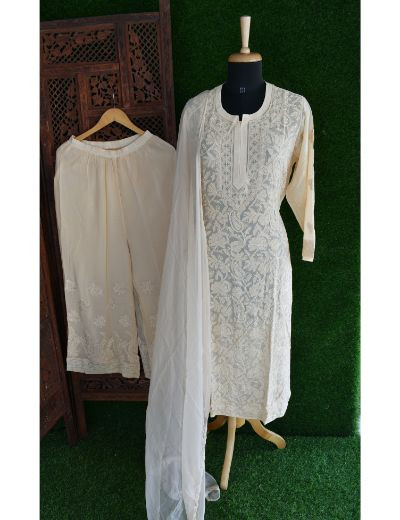 Chhangamal Hand Embroidered Womens Beige Colour Pure Georgette Chikankari Kurta Set