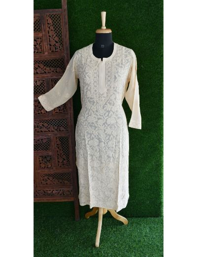 Chhangamal Hand Embroidered Womens Beige Colour Pure Georgette Chikankari Kurta Set