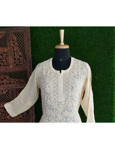 Chhangamal Hand Embroidered Womens Beige Colour Pure Georgette Chikankari Kurta Set