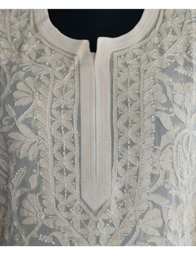 Chhangamal Hand Embroidered Womens Beige Colour Pure Georgette Chikankari Kurta Set
