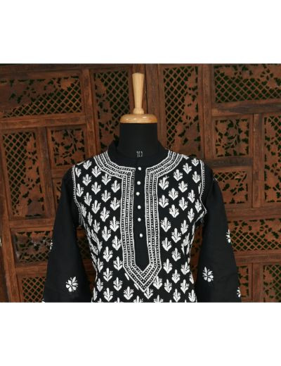 Chhangamal Hand Embroidered Womens Black Colour Cotton Chikankari Kurti