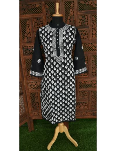 Chhangamal Hand Embroidered Womens Black Colour Cotton Chikankari Kurti