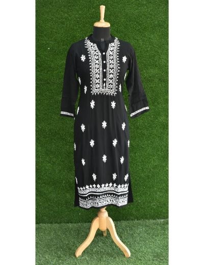 Chhangamal Hand Embroidered Womens Black Colour Modal Chikankari Kurti