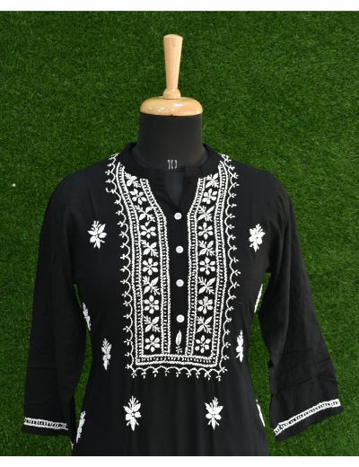 Chhangamal Hand Embroidered Womens Black Colour Modal Chikankari Kurti