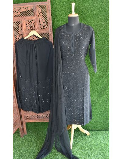 Chhangamal Hand Embroidered Womens Black Colour Pure Georgette Chikankari Kurta Set