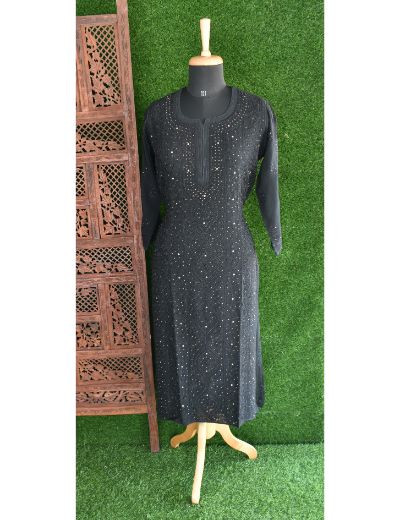 Chhangamal Hand Embroidered Womens Black Colour Pure Georgette Chikankari Kurta Set