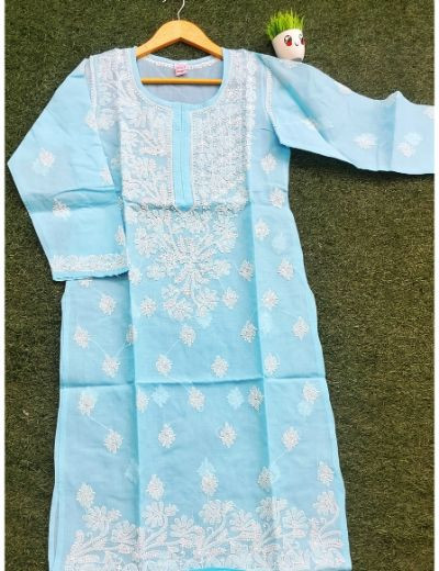 Chhangamal Hand Embroidered Womens Blue Colour Cotton Chikankari Kurti