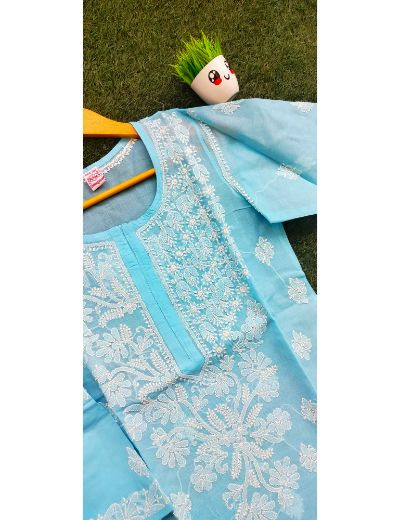 Chhangamal Hand Embroidered Womens Blue Colour Cotton Chikankari Kurti