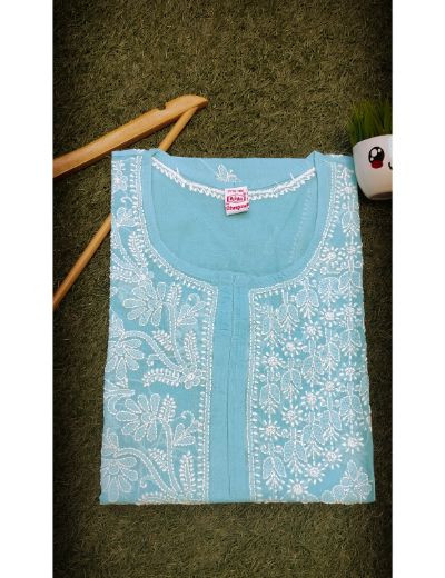 Chhangamal Hand Embroidered Womens Blue Colour Cotton Chikankari Kurti