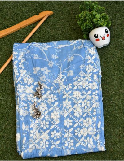Chhangamal Hand Embroidered Womens Blue Colour Cotton Chikankari Kurti