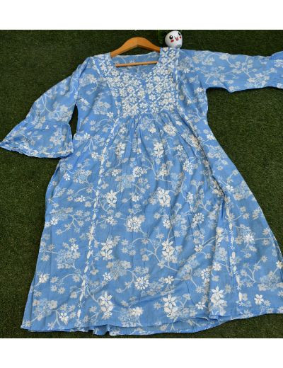 Chhangamal Hand Embroidered Womens Blue Colour Cotton Chikankari Kurti