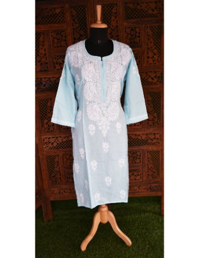 Chhangamal Hand Embroidered Womens Blue Colour Cotton Chikankari Kurti