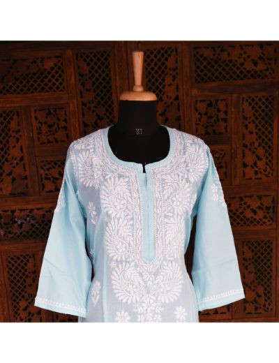 Chhangamal Hand Embroidered Womens Blue Colour Cotton Chikankari Kurti