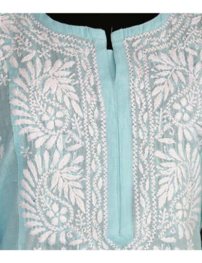 Chhangamal Hand Embroidered Womens Blue Colour Cotton Chikankari Kurti