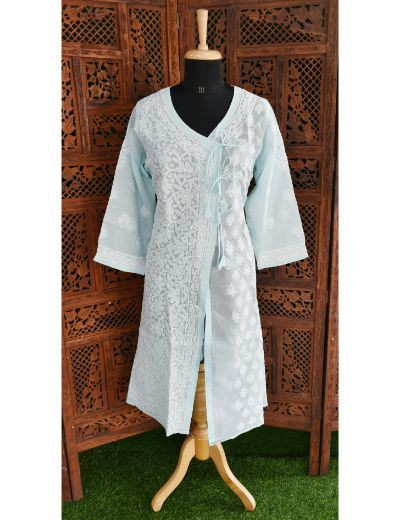 Chhangamal Hand Embroidered Womens Blue Colour Cotton Chikankari Kurti Angrakha Style