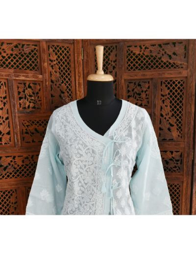 Chhangamal Hand Embroidered Womens Blue Colour Cotton Chikankari Kurti Angrakha Style