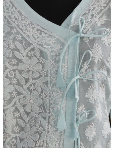 Chhangamal Hand Embroidered Womens Blue Colour Cotton Chikankari Kurti Angrakha Style