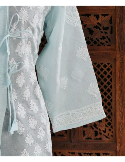 Chhangamal Hand Embroidered Womens Blue Colour Cotton Chikankari Kurti Angrakha Style