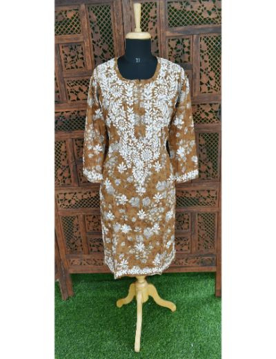 Chhangamal Hand Embroidered Womens Brown Colour Cotton Printed Chikankari Kurti