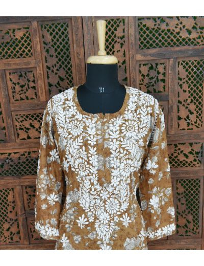 Chhangamal Hand Embroidered Womens Brown Colour Cotton Printed Chikankari Kurti