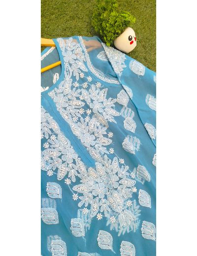 Chhangamal Hand Embroidered Womens Dark Blue Colour Faux Georgette Chikankari Kurti