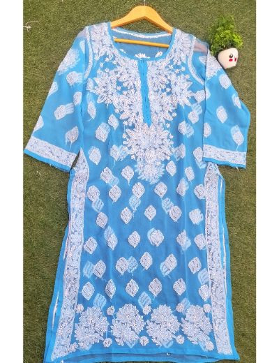 Chhangamal Hand Embroidered Womens Dark Blue Colour Faux Georgette Chikankari Kurti