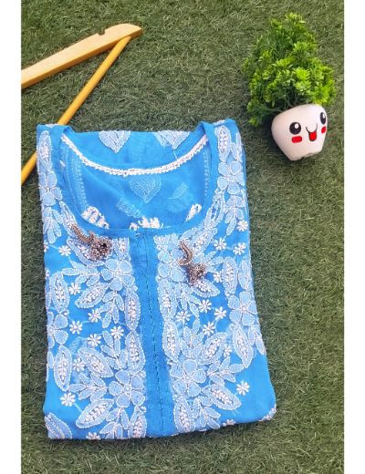Chhangamal Hand Embroidered Womens Dark Blue Colour Faux Georgette Chikankari Kurti