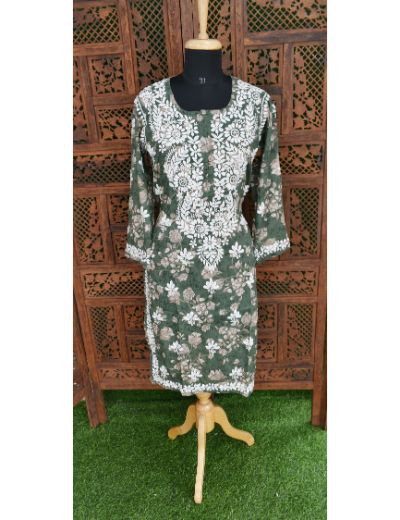 Chhangamal Hand Embroidered Womens Dark Green Colour Cotton Printed Chikankari Kurti