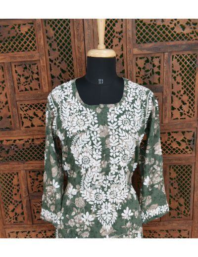 Chhangamal Hand Embroidered Womens Dark Green Colour Cotton Printed Chikankari Kurti