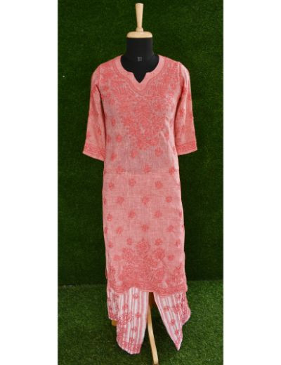 Chhangamal Hand Embroidered Womens Dark Reddish Pink Colour Cotton Chikankari Kurta set