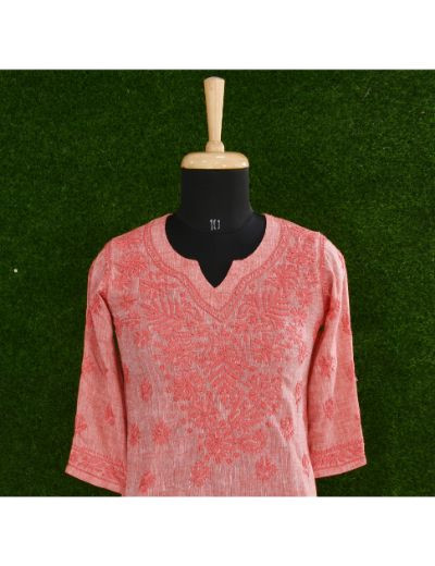 Chhangamal Hand Embroidered Womens Dark Reddish Pink Colour Cotton Chikankari Kurta set
