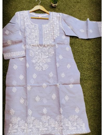 Chhangamal Hand Embroidered Womens Gray Colour Cotton Chikankari Kurti