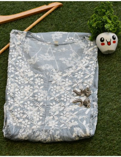 Chhangamal Hand Embroidered Womens Gray Colour Cotton Chikankari Kurti