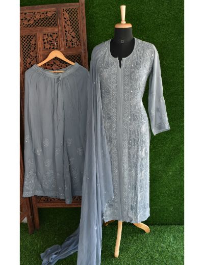 Chhangamal Hand Embroidered Womens Gray Colour Pure Georgette Chikankari Kurta Set