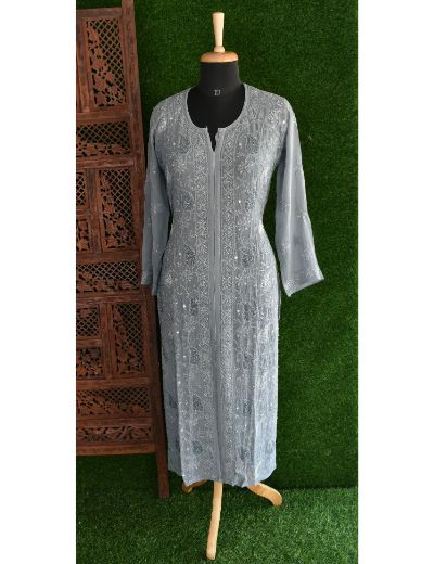 Chhangamal Hand Embroidered Womens Gray Colour Pure Georgette Chikankari Kurta Set