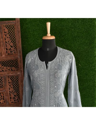 Chhangamal Hand Embroidered Womens Gray Colour Pure Georgette Chikankari Kurta Set