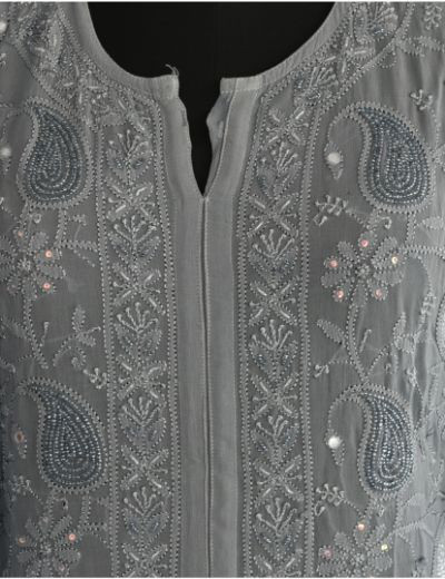 Chhangamal Hand Embroidered Womens Gray Colour Pure Georgette Chikankari Kurta Set