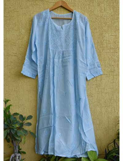 Chhangamal Hand Embroidered Womens Grayish Blue Colour Chanderi Chikankari Kurta set