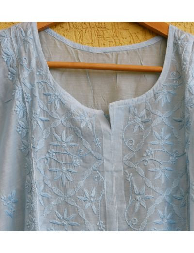 Chhangamal Hand Embroidered Womens Grayish Blue Colour Chanderi Chikankari Kurta set