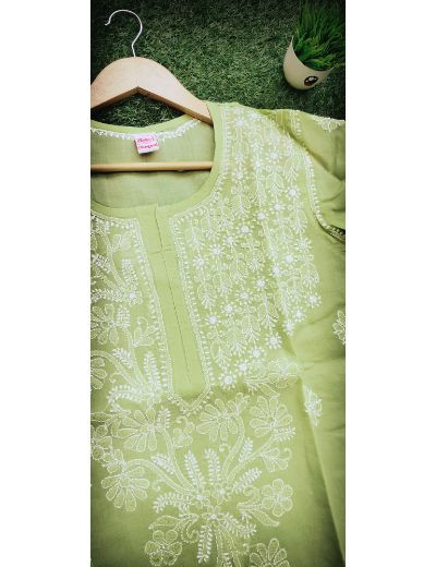 Chhangamal Hand Embroidered Womens Green Colour Cotton Chikankari Kurti