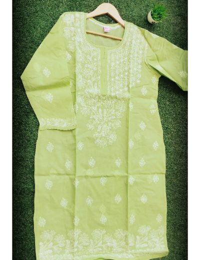 Chhangamal Hand Embroidered Womens Green Colour Cotton Chikankari Kurti