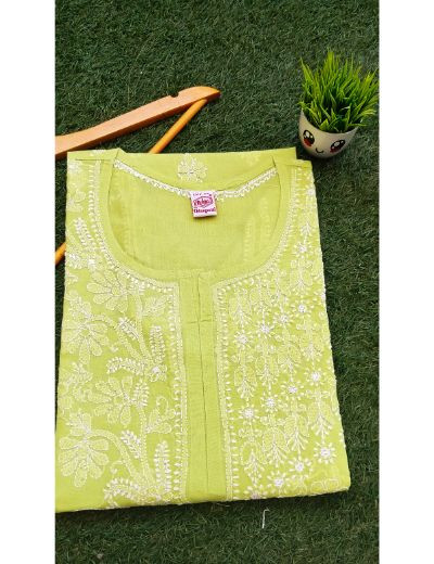 Chhangamal Hand Embroidered Womens Green Colour Cotton Chikankari Kurti