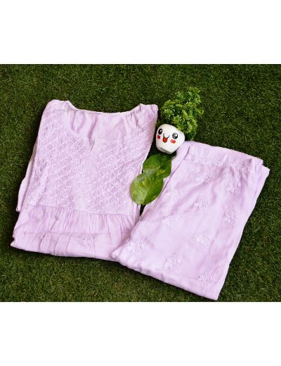 Chhangamal Hand Embroidered Womens Lavender Colour Chanderi Chikankari Kurta set
