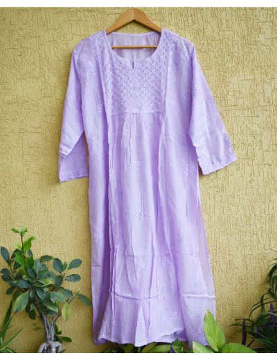 Chhangamal Hand Embroidered Womens Lavender Colour Chanderi Chikankari Kurta set